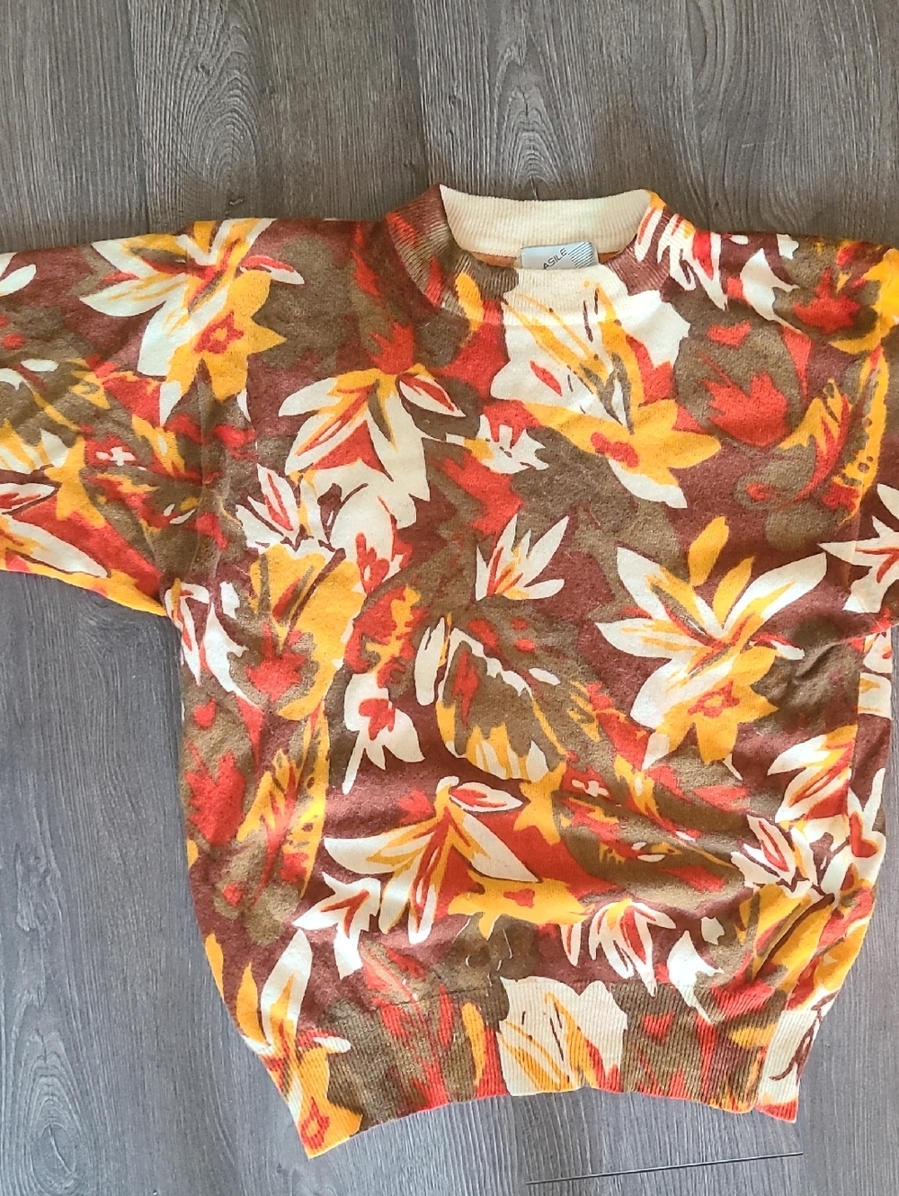 VINTAGE - Clasible Floral Lambswool Blend Crewneck Sweater - Cream & Brown Tones